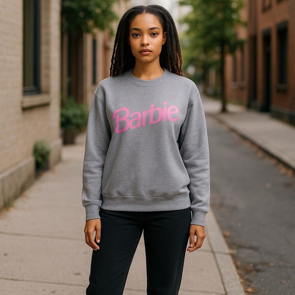 Port and Company Gray Sweatshirt with Pink Logo Barbie Size Medium